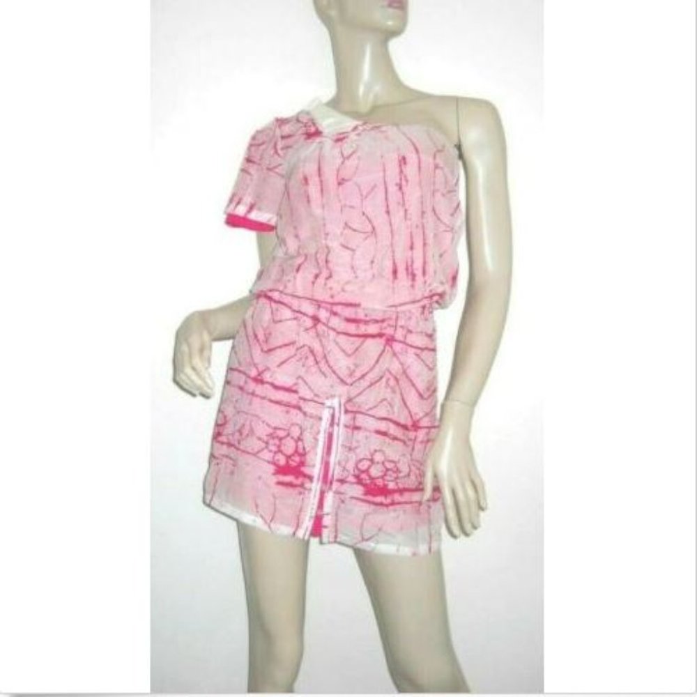 L.A.M.B. Pink Splatter Print One Shoulder Dress 0